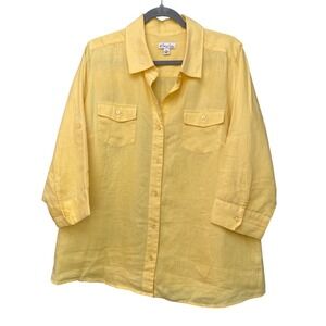 Yellow Linen Button Down Shirt Women Relaxed Fit 1X Lightweight